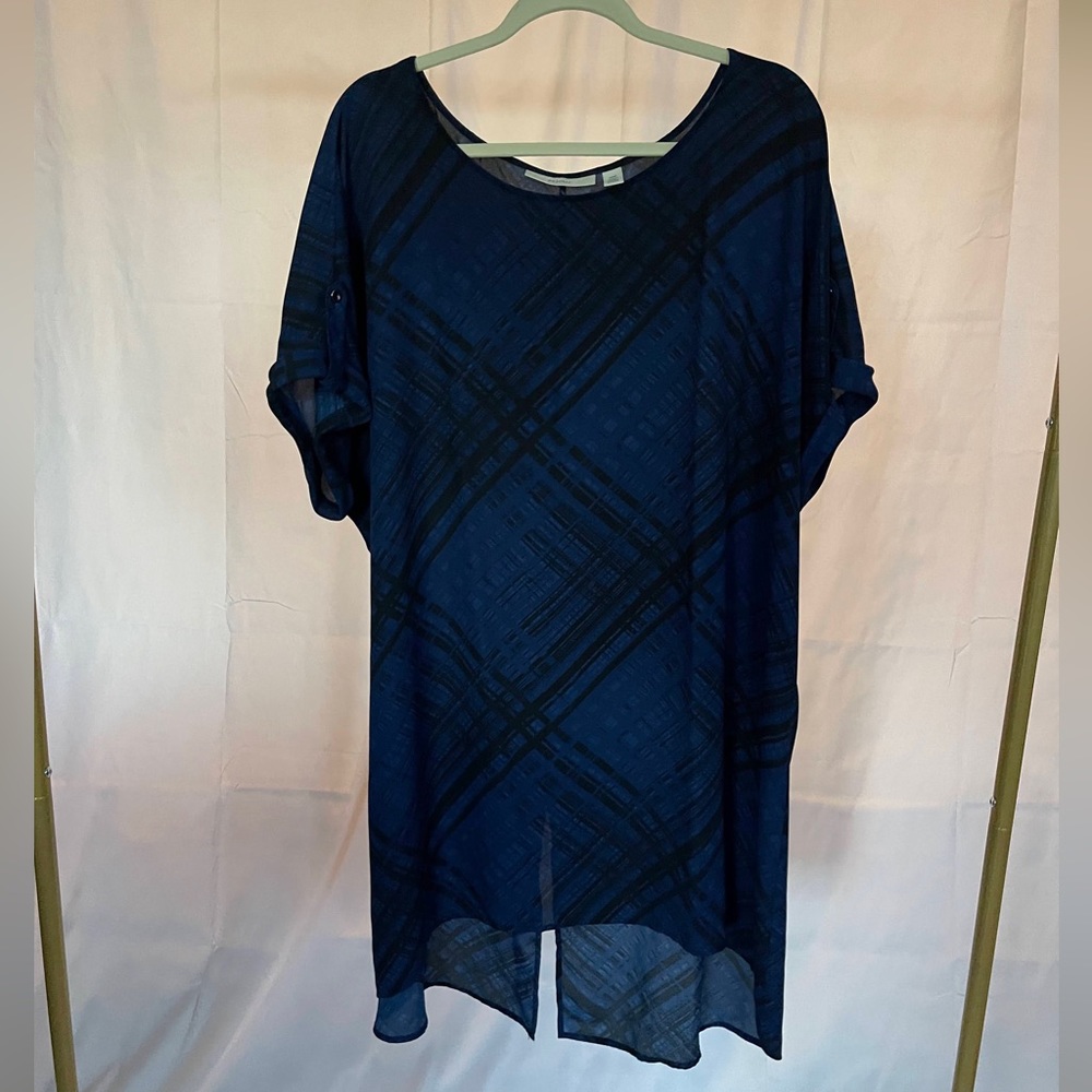 Navy Blue Short Sleeved Blouse with Black Plaid Pattern
